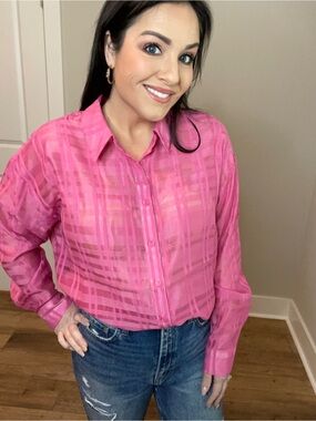 Medium Women's Pink Sheer Plaid Button-Front Blouse